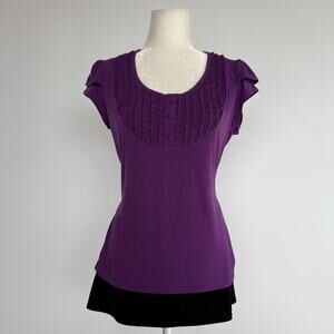 Worthington T Shirt Womens M Purple Ruffle Button Scoop Neck Cap Sleeve Top